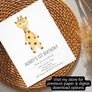 Budget invitation, cute giraffe 1st birthday flyer