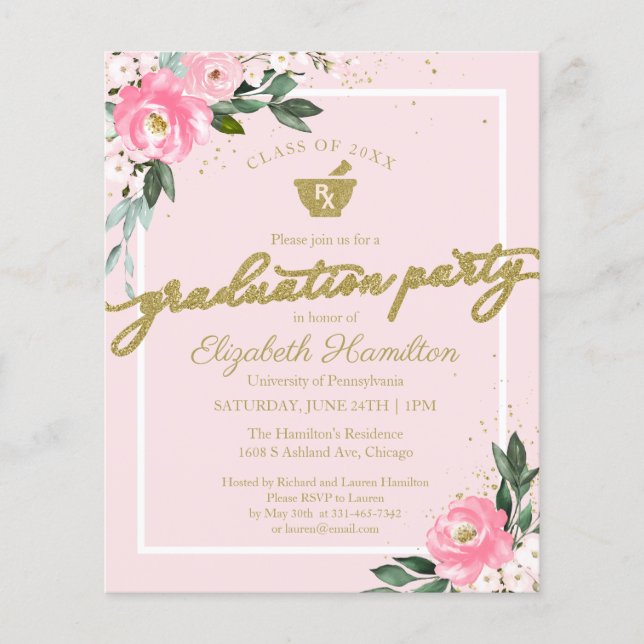 Budget Invitation Pharmacy Grad Party Floral (Front)