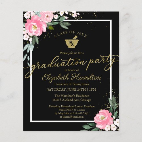 Budget Invitation Pharmacy Grad Party Floral Black