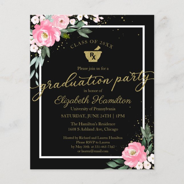 Budget Invitation Pharmacy Grad Party Floral Black (Front)