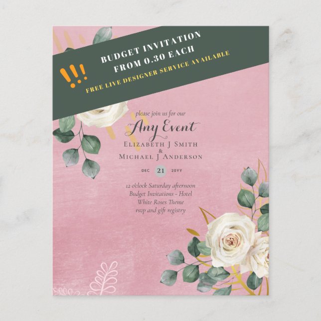 BUDGET INVITATIONS - ANY EVENT - White Roses Flyer (Front)