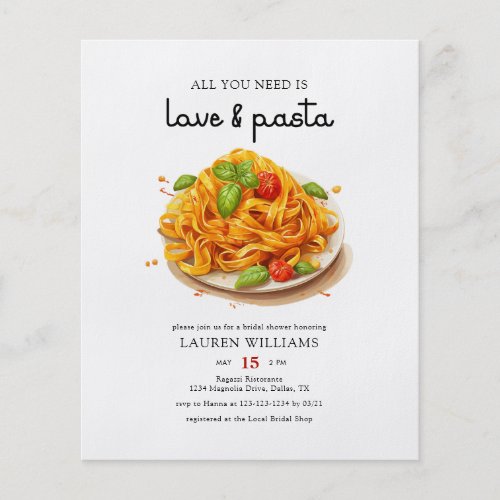 Budget Italian Love  Pasta Bridal Shower Invite Flyer
