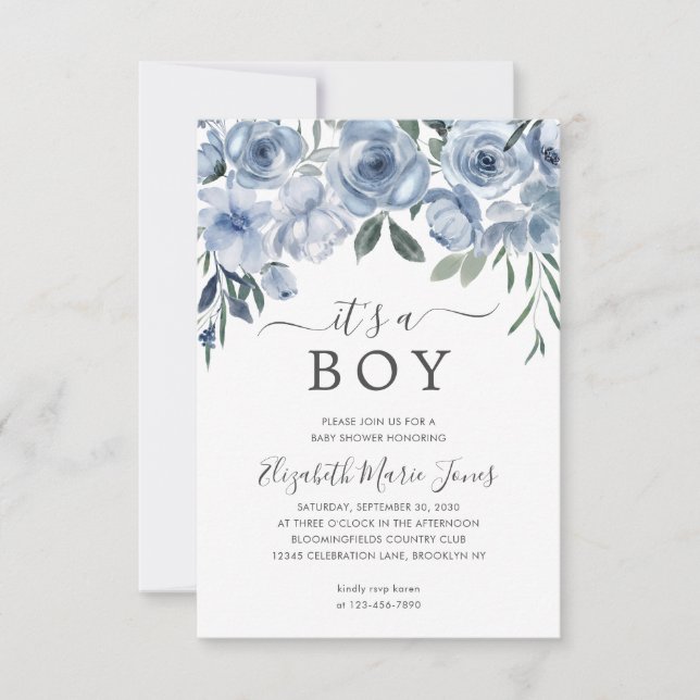 Budget It's a Boy Dusty Blue Floral Baby Shower Note Card (Front)