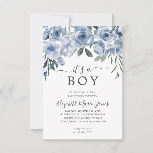Budget Its a Boy Dusty Blue Floral Baby Shower Note Card