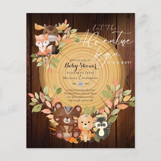 BUDGET It's A Boy WOODLAND ANIMALS Baby Shower     Flyer (Front)