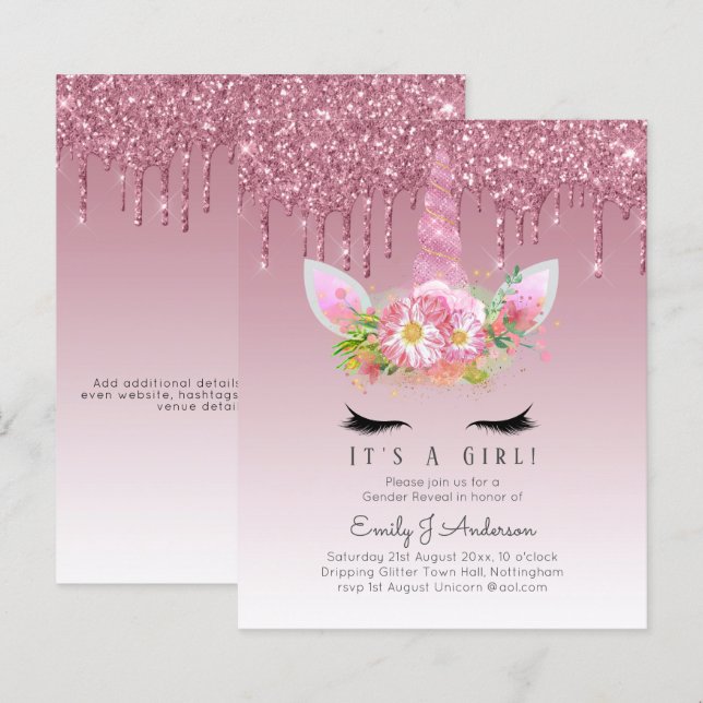 BUDGET It's A Girl Glittery Unicorn Baby Shower (Front/Back)