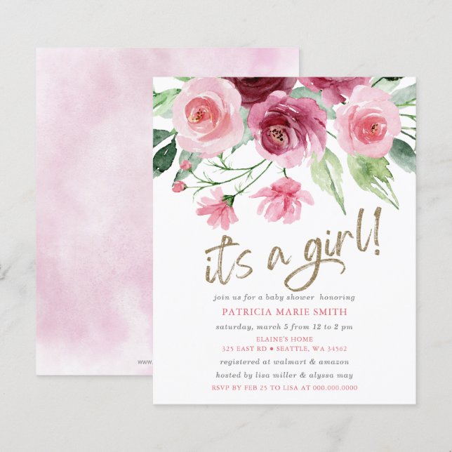 Budget Its a girl Pink Burgundy Floral Baby Shower (Front/Back)