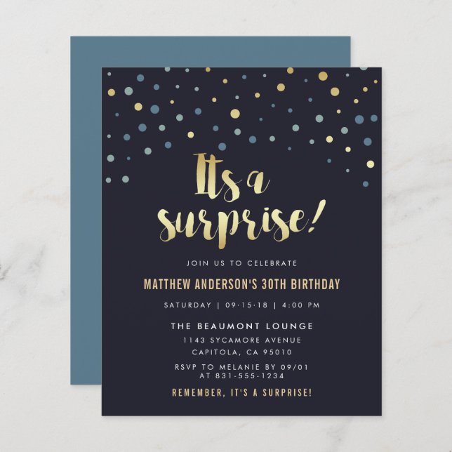 Budget It's A Surprise Gold Foil Confetti Birthday (Front/Back)