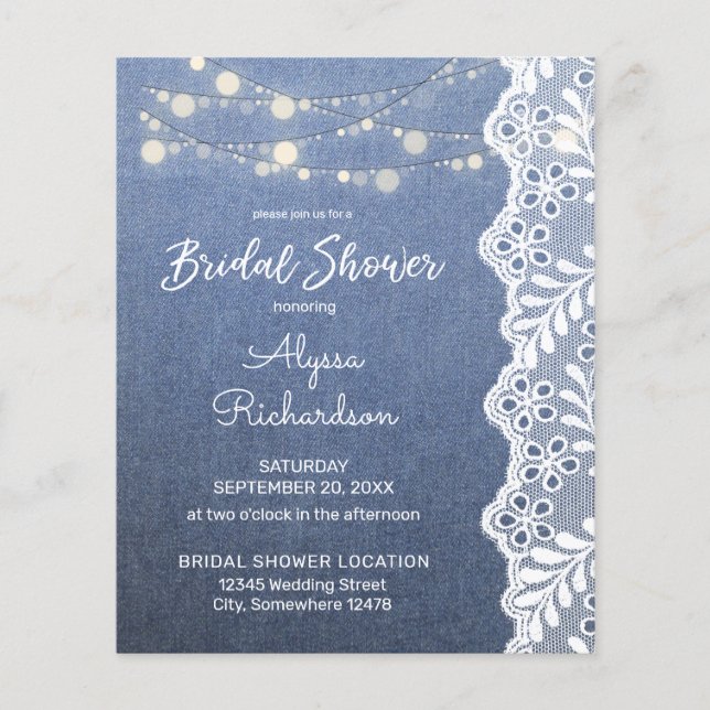 Budget Jean Lace String Lights Bridal Shower Flyer (Front)