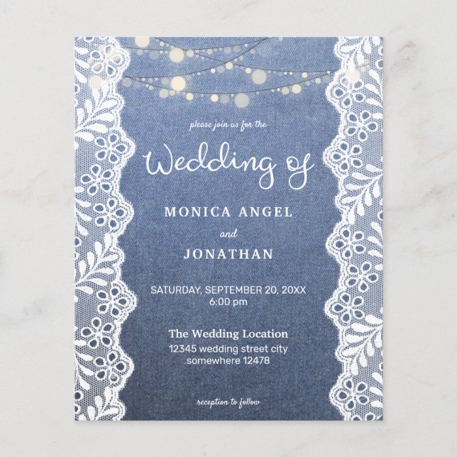 Budget Jean Lace String Lights Wedding Flyer (Front)