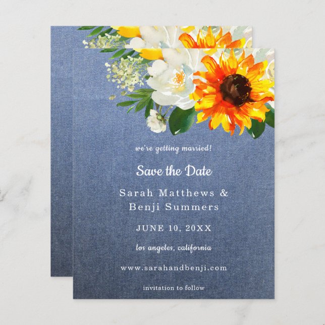 Budget Jean Sunflower & White Floral Save the Date (Front/Back)