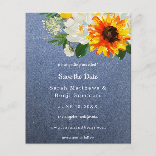 Budget Jean Sunflower  White Floral Save the Date Flyer