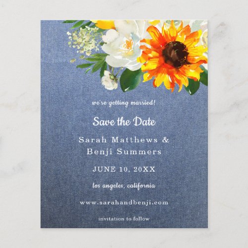 Budget Jean Sunflower  White Floral Save the Date Flyer