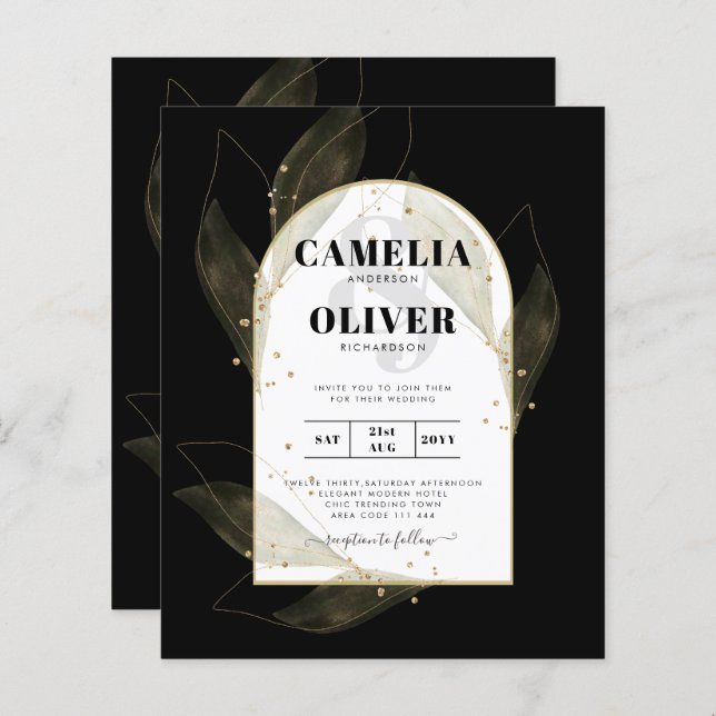 BUDGET Jet Black Gold Leaves Wedding INVITE (Front/Back)