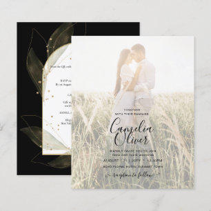 BUDGET Jet Black Gold Leaves Wedding INVITE