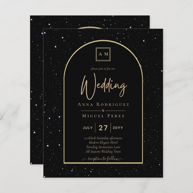 BUDGET Jet BLACK GOLD Starry Night Wedding INVITE (Front/Back)