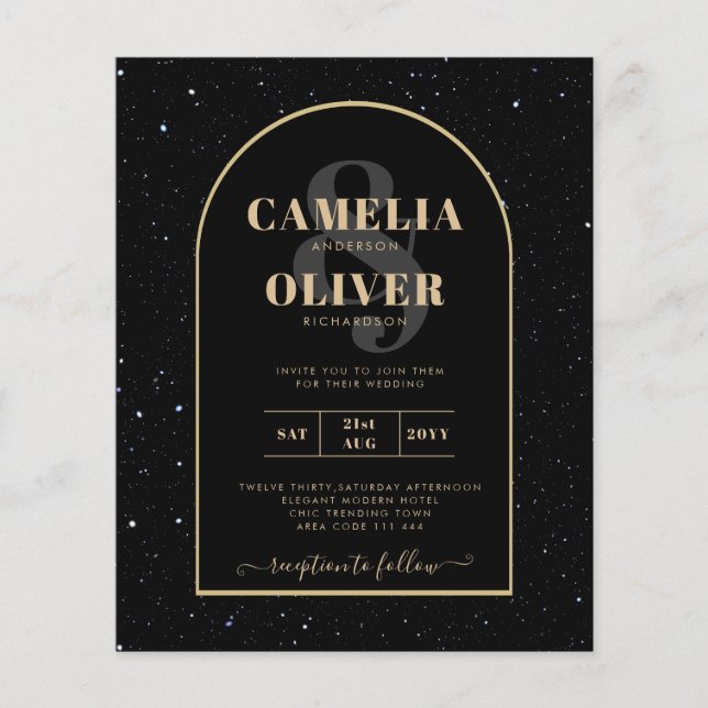 BUDGET Jet BLACK GOLD Starry Night Wedding INVITE Flyer (Front)