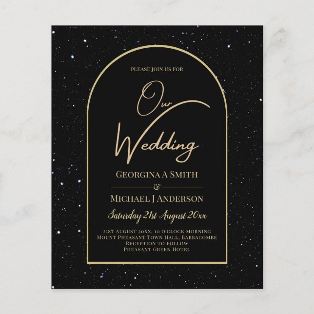 BUDGET Jet BLACK GOLD Starry Night Wedding INVITE Flyer (Front)