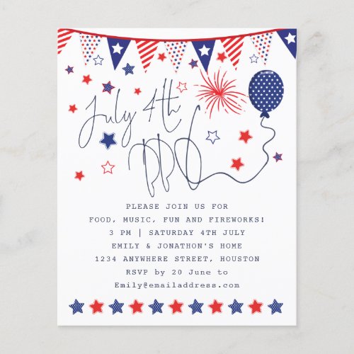 Budget July 4th Red White Blue Stars Script Invite