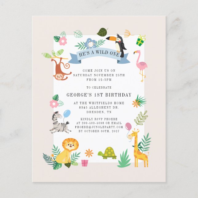 Budget Jungle Animals 1st Birthday Invitation (Front)