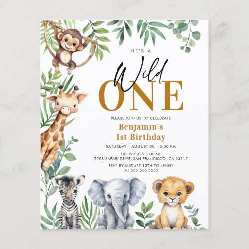 Budget Jungle Safari Wild One 1st Birthday Invite