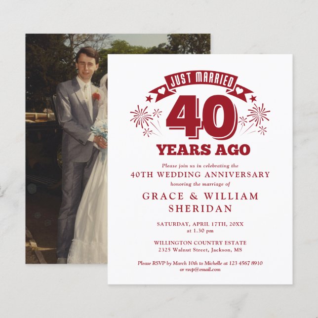 Budget Just Married 40th Anniversary Photo Invite (Front/Back)
