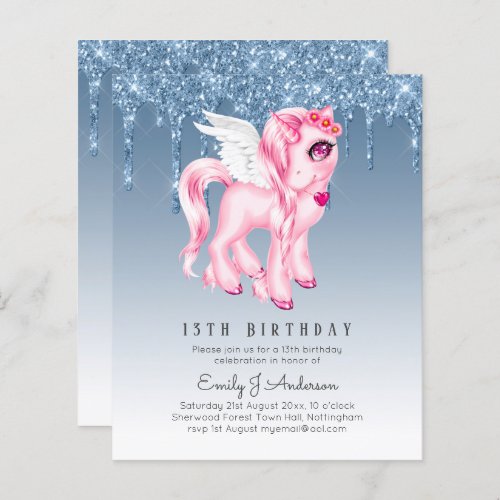 BUDGET Kids Birthday Invite Blue Unicorn Glitter  