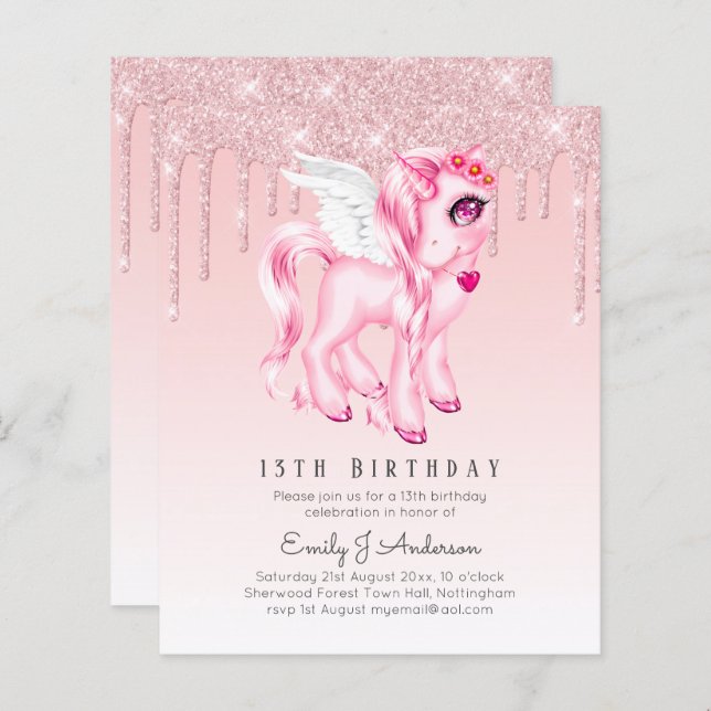 BUDGET Kids Birthday Invite Pink Unicorn (Front/Back)