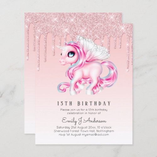 BUDGET Kids Birthday Invite Pink Unicorn