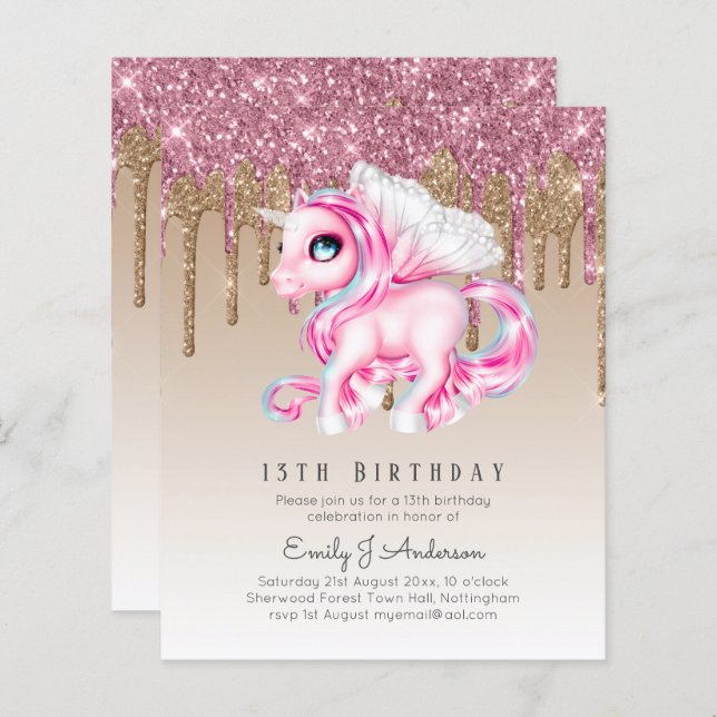 BUDGET Kids Birthday Invite Pink Unicorn (Front/Back)