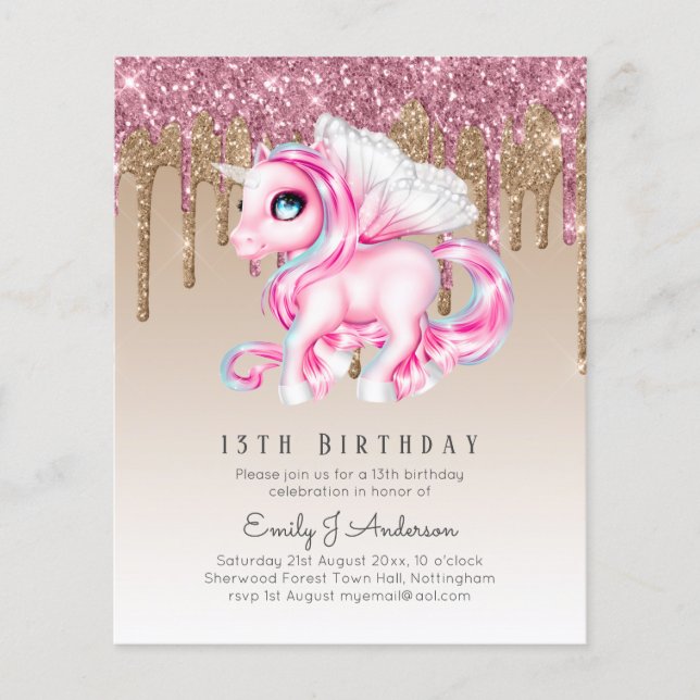 BUDGET Kids Birthday Invite Pink Unicorn Flyer (Front)