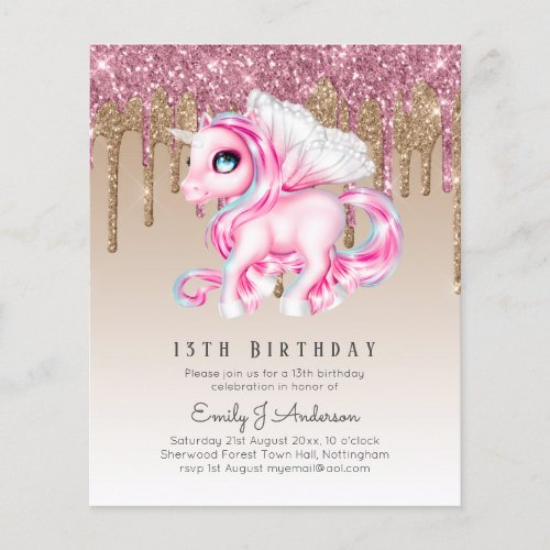 BUDGET Kids Birthday Invite Pink Unicorn Flyer