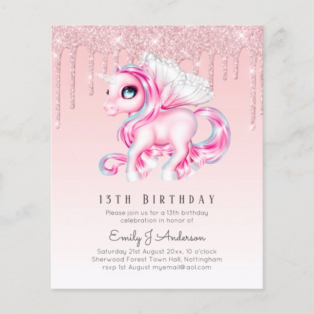 BUDGET Kids Birthday Invite Pink Unicorn Flyer (Front)