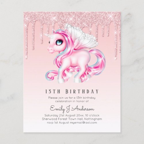 BUDGET Kids Birthday Invite Pink Unicorn Flyer