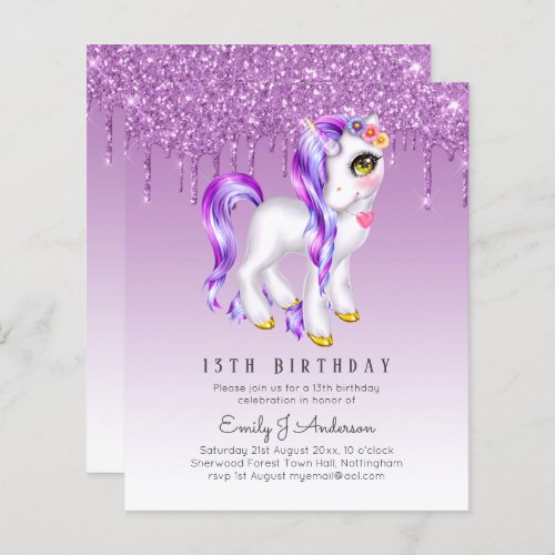 BUDGET Kids Birthday Invite Purple Unicorn
