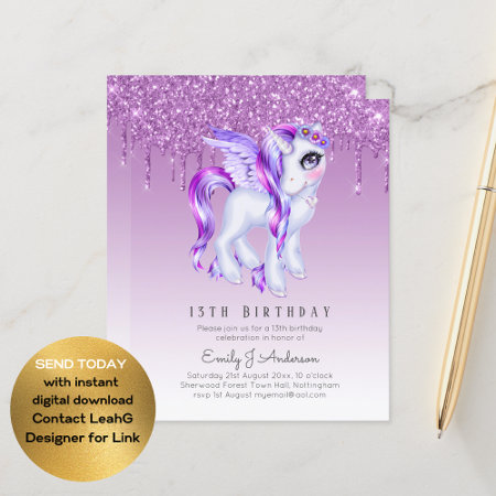 Budget Kids Birthday Invite Purple Unicorn