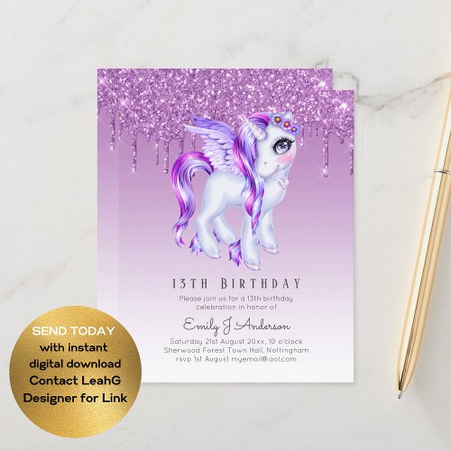 BUDGET Kids Birthday Invite Purple Unicorn