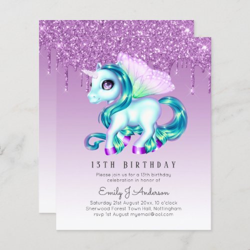 BUDGET Kids Birthday Invite Purple Unicorn