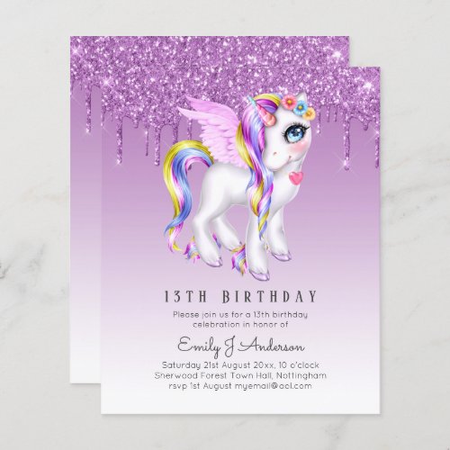 BUDGET Kids Birthday Invite Purple Unicorn