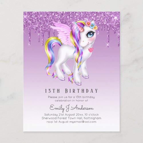 BUDGET Kids Birthday Invite Purple Unicorn Flyer
