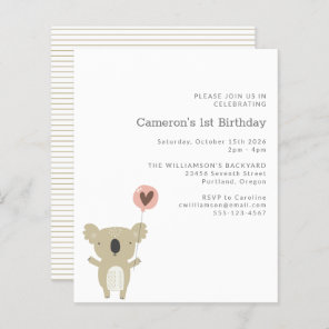 Budget Koala Bear Simple 1st Birthday Invitation