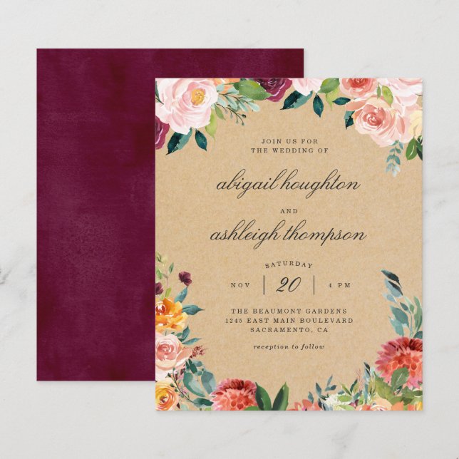 Budget Kraft Burgundy Blush Pink Floral Wedding (Front/Back)