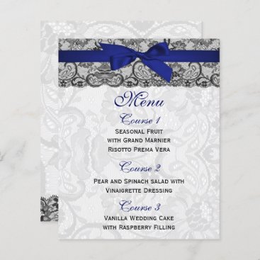 Budget Lace Ribbon Navy Wedding Menu Cards