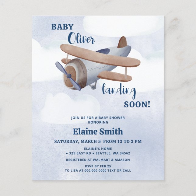 Budget Landing Soon Blue Boy Airplane Baby Shower (Front)