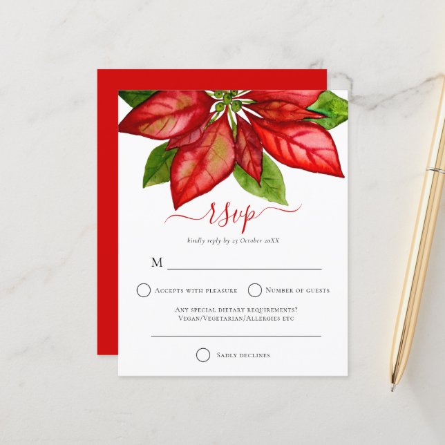 Budget Large Poinsettia Christmas Wedding RSVP (Front/Back In Situ)