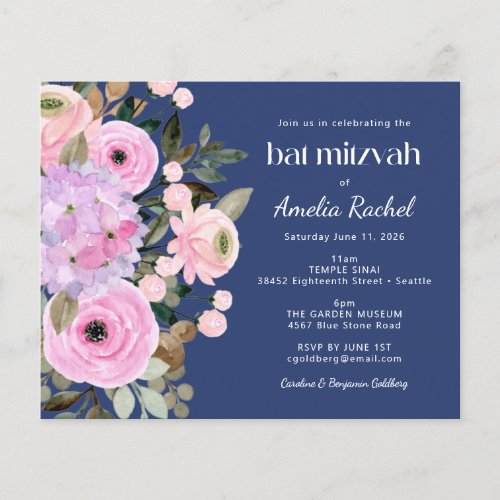 Budget Lavender Blue Floral Watercolor Bat Mitzvah