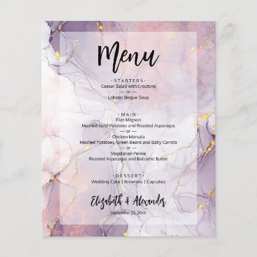 Budget Lavender Gold Marble Wedding Menu Flyer