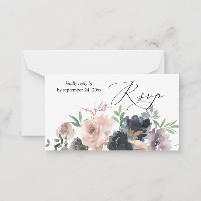 Budget Lavender, Navy, Pink Floral 2SM Meal RSVP Note Card (Front)