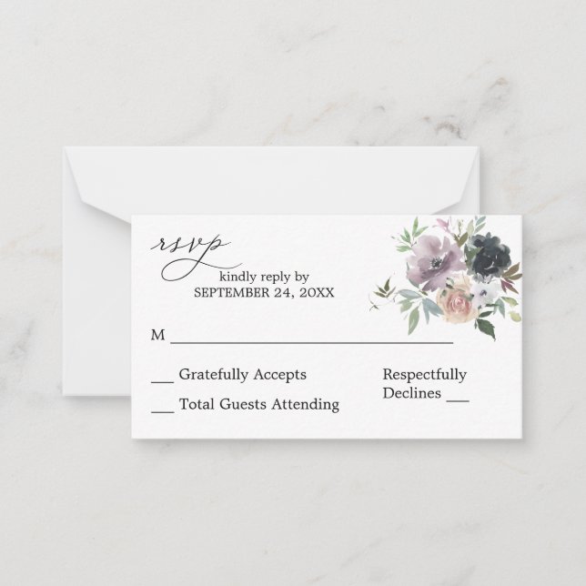 Budget Lavender, Navy Pink Floral 2SM No Meal RSVP Note Card (Front)