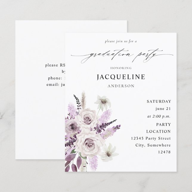 Budget Lavender Purple Floral Graduation Party (Front/Back)
